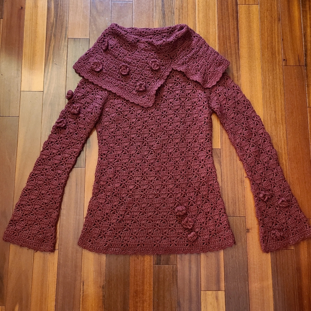 Vintage Forenza Burgundy Crochet Sweater Cowl Collar Bell Sleeves Sz:M Boho